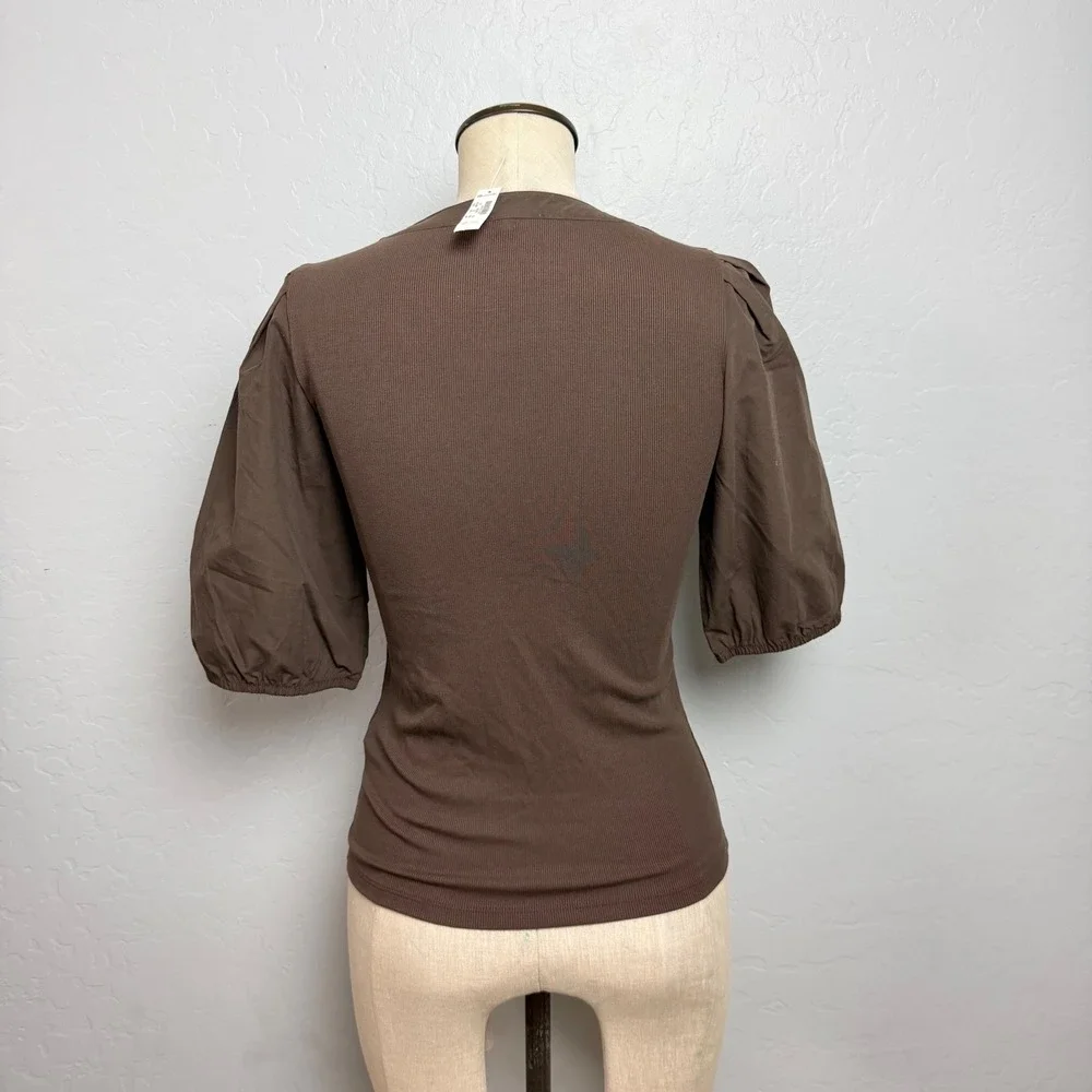 NEW Madewell Brown Ribbed Puff Sleeve Henley Top NW195 XS